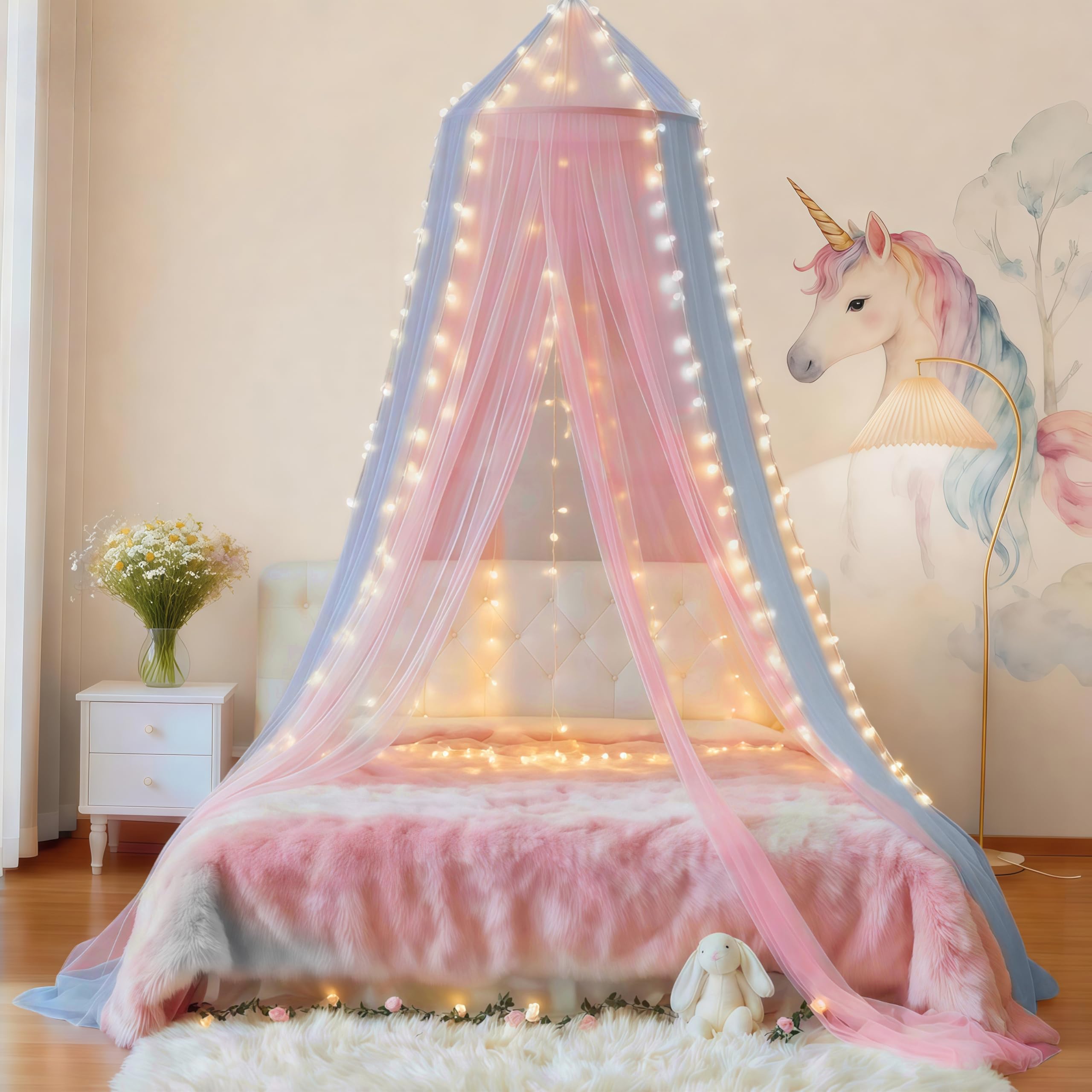 Eimilaly Two-tone Bed Canopy Mosquito Net Pink Blue with 250pcs Warm Lights, Bed Canopy for Girls Room Decor, Single Door