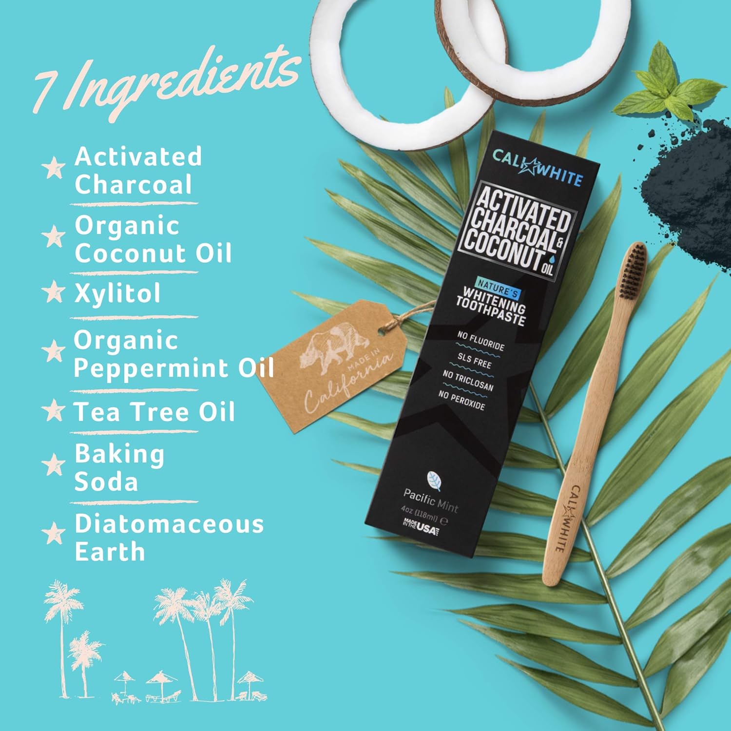 Cali White Activated Charcoal & Organic Coconut Oil Teeth WHITENING Toothpaste, Made in USA, Best Natural Whitener, Vegan, Fluoride Free, Sulfate Free, Organic, Black Tooth Paste, Pacific Mint (4oz) : Health & Personal Care
