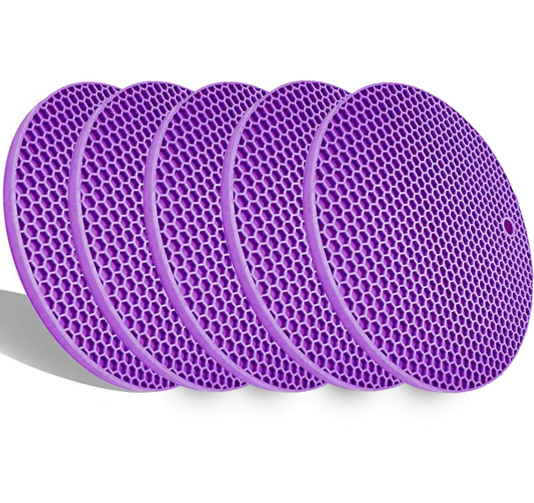 5 Pack Extra Thick Silicone Pot Coaster Trivet Mats,Pot Holder/Hot Pads,Non Slip Durable Flexible Table Mats Round Honeycome Multipurpose Kitchen Heat Resistant Mat (Purple)
