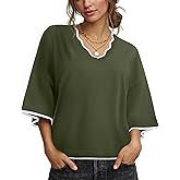 LaGracia Oversized Sweaters for Women 3/4 Sleeve V Neck Color Block Loose Pullover Crop Sweaters Trendy Outfits