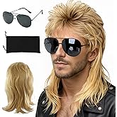 TURAOHU Mullet Wigs for Men, Blonde Mullet Wig for Party, Daily, Halloween Costumes, 70s 80s Costumes Fancy Party Accessory, Funny Wig With a Pair of Black-Framed Glasses