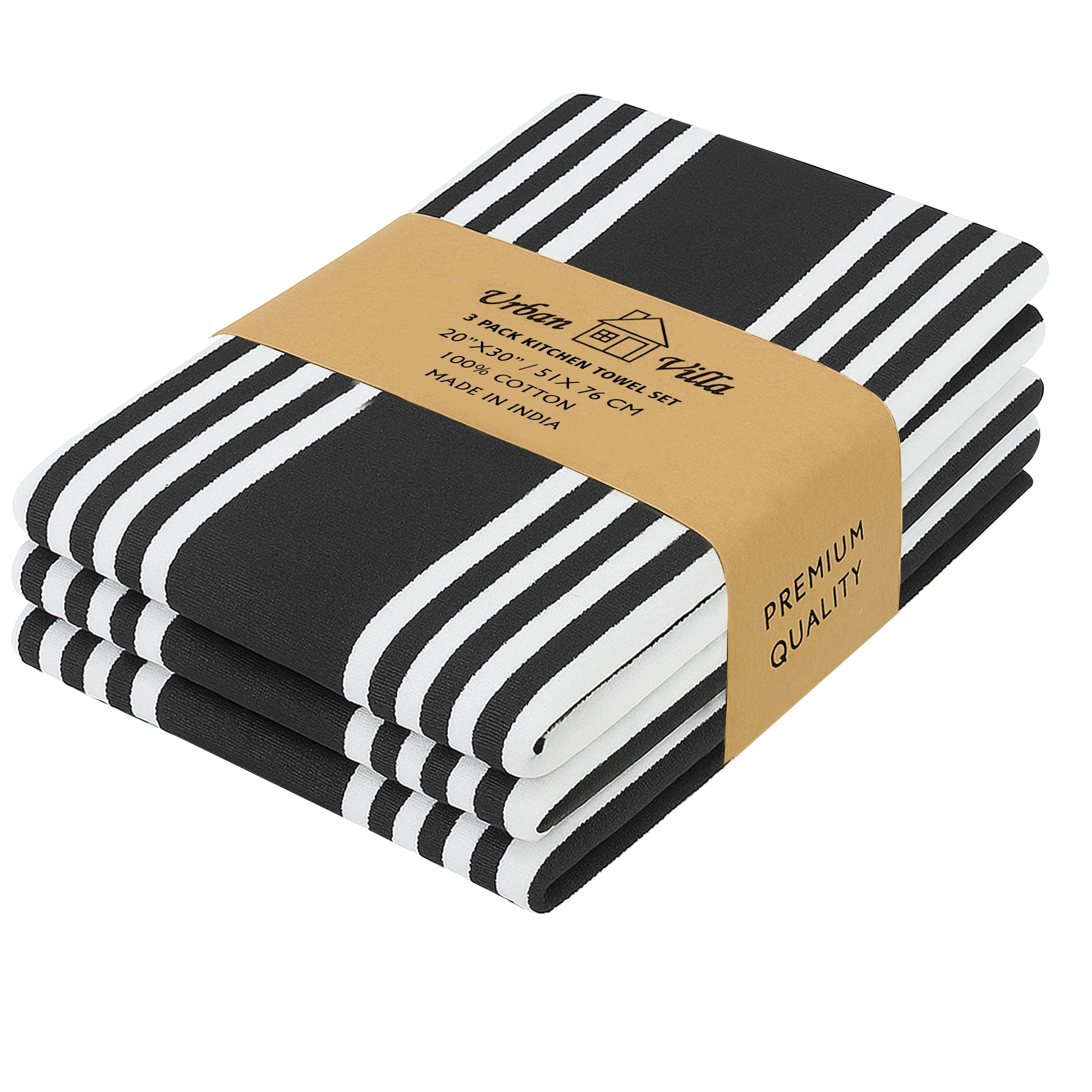 Urban Villa Kitchen Towels 100% Cotton Dish Towels for Kitchen (Set of 3)20”x30” Dish Cloths Highly Absorbent Kitchen Linen Set with Hanging Loop Perfect for Drying Dishes Cleaning Towels-Black White