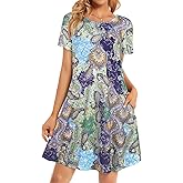 Womens Summer Dresses Beach Casual Loose Tshirt Floral Short Sleeve Flowy Pockets Sundresses