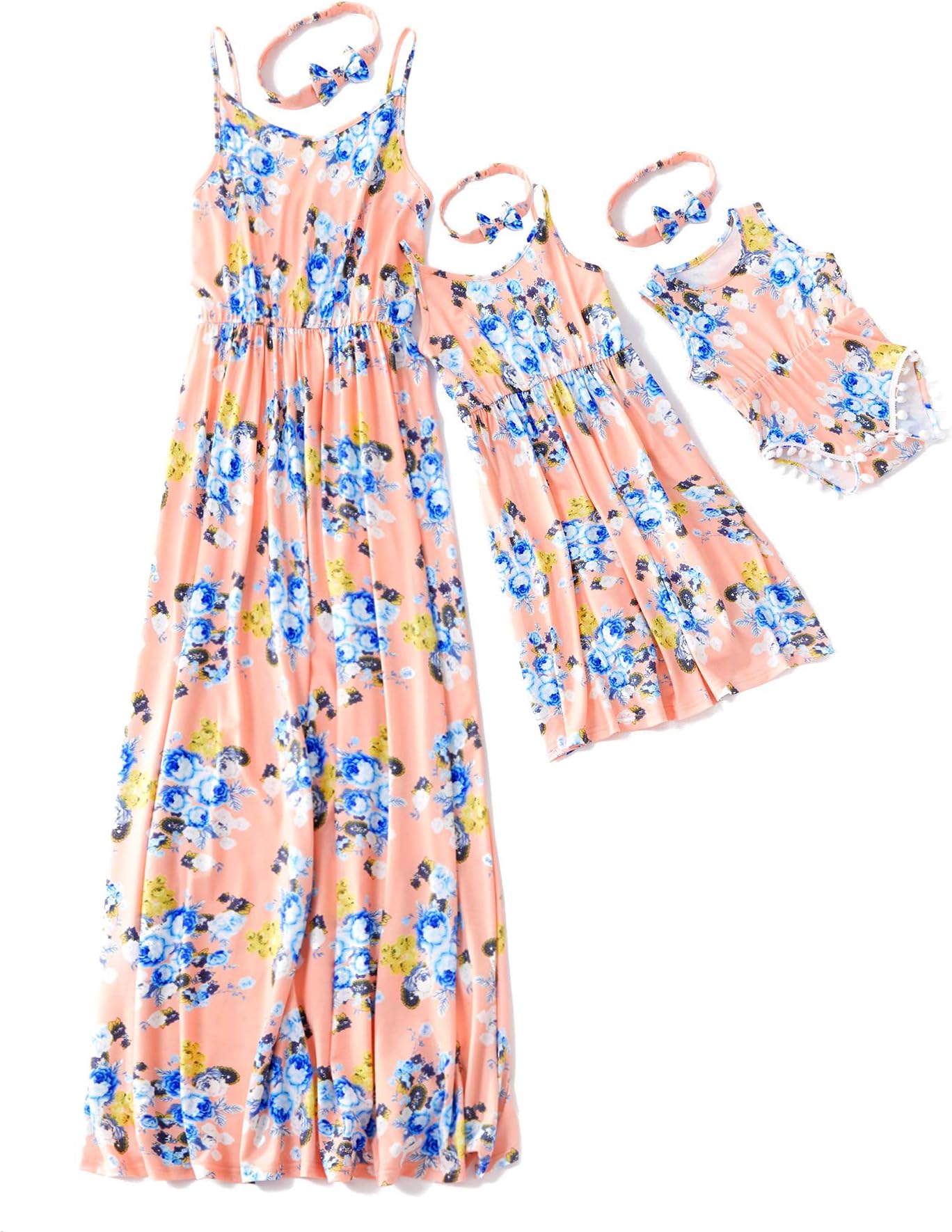 Yaffi Mommy and Me Matching Maxi Dress Spaghetti Strap Summer Floral Printed Casual Sundress Sleeveless Long Dress with Headband