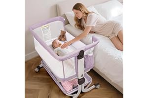 MOMFANN Baby Bassinet Bedside Sleeper, Upgraded Stability Bedside Crib with Full Mesh Sides, Soft Sheet, 6-Height Adjustment, Storage Basket, Easy Folding Portable Bassinet for Newborns,Pinkish Purple