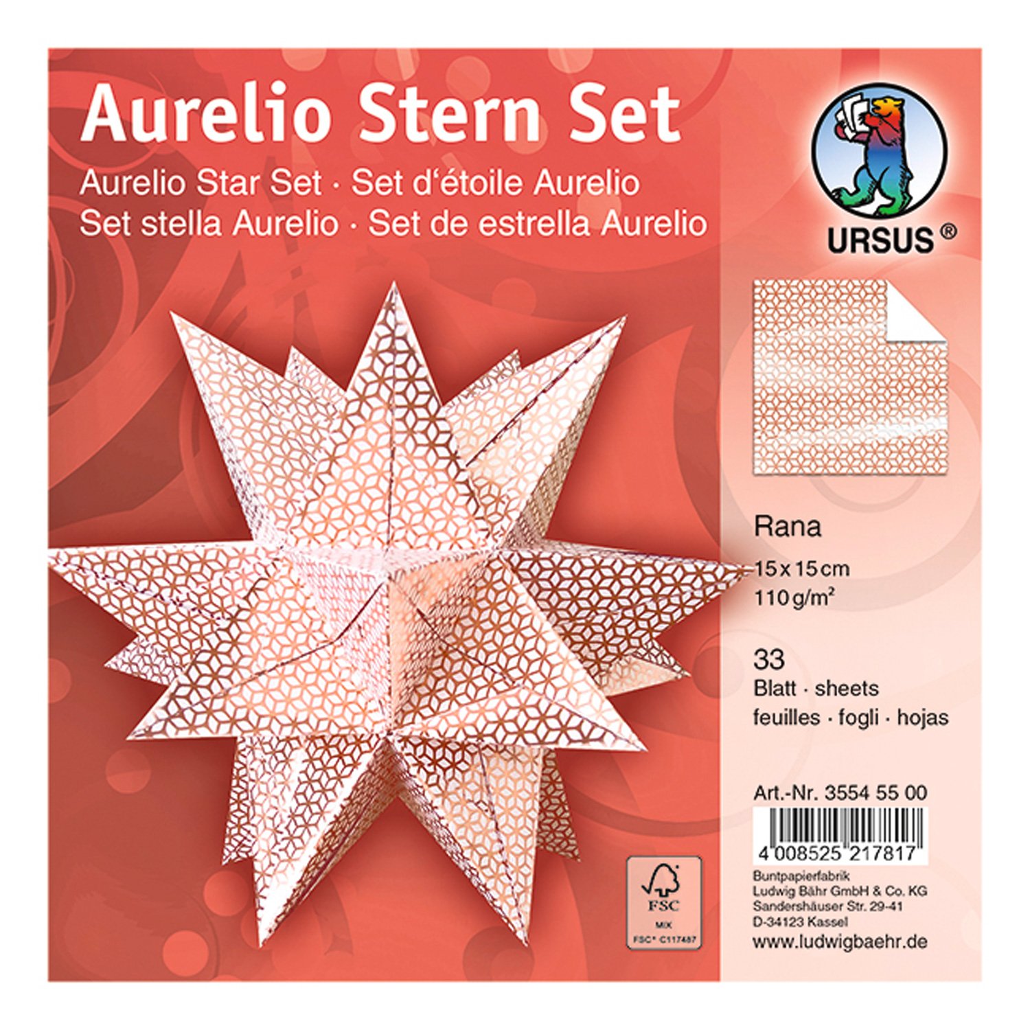 Ursus Aurelio Star Rana 35545500F Folding Sheets White/Rose 33 Sheets Made of Shimmer Paper 110 g/m² Approx. 15 x 15 cm Front with Finish Ideal as Christmas Decoration
