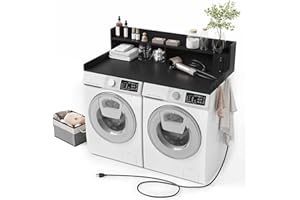 ZYKZYK Upgraded 2-Tier Washer and Dryer Countertop with Power Outlet,54" W x 27.6" D Large Laundry Countertop for Fold Clothes, Laundry Topper with Non-Slip Pads & Metal Hooks and Storage Basket