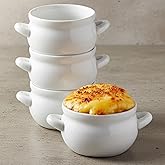 KooK French Onion Soup Crocks with Handles, Ceramic, Dishwasher, Microwave, Oven & Broil Safe, White Set of 4, 18 oz