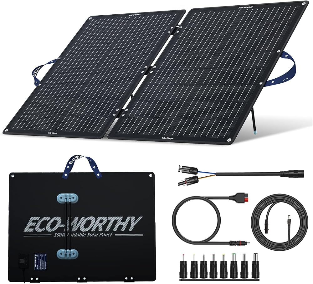 ECO-WORTHY 100W 12V Foldable Solar Panel with Adjustable Brackets & 11 DC