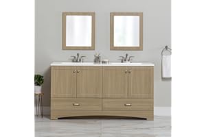 Spring Mill Cabinets Emlyn 60 Inch Double-Sink Bathroom Vanity with White Top, 2 Cabinets, 2 Drawers, 60.5" W x 18.75" D x 32.89", Sandy Oak