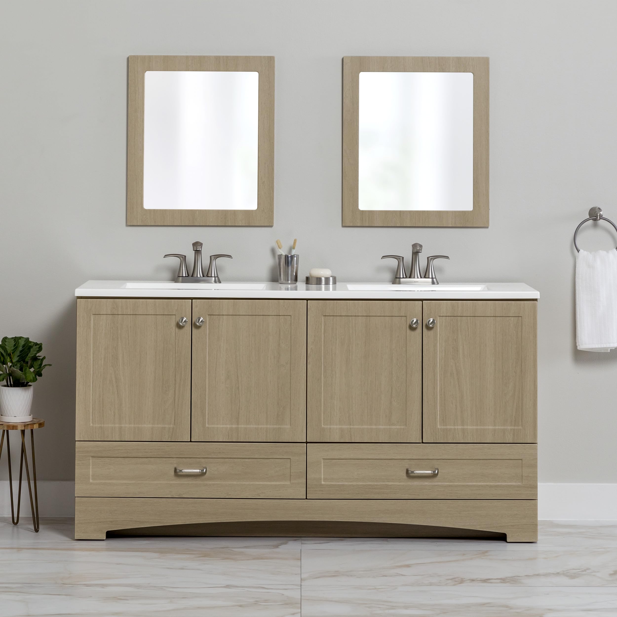 Photo 1 of Spring Mill Cabinets Emlyn 60 Inch Double-Sink Bathroom Vanity with White Top, 2 Cabinets, 2 Drawers, 60.5" W x 18.75" D x 32.89", Sandy Oak