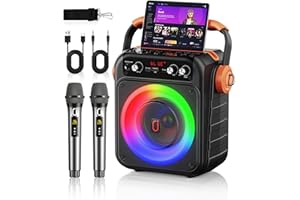 Karaoke Machine with 2 Wireless Microphones: HWWR Portable Karaoke Bluetooth 5.3 Light Speaker, PA System Home Party with Subwoofer, Disco Lights, Supports TV/REC/FM/AUX/USB/TF for Gifts Adult Kids