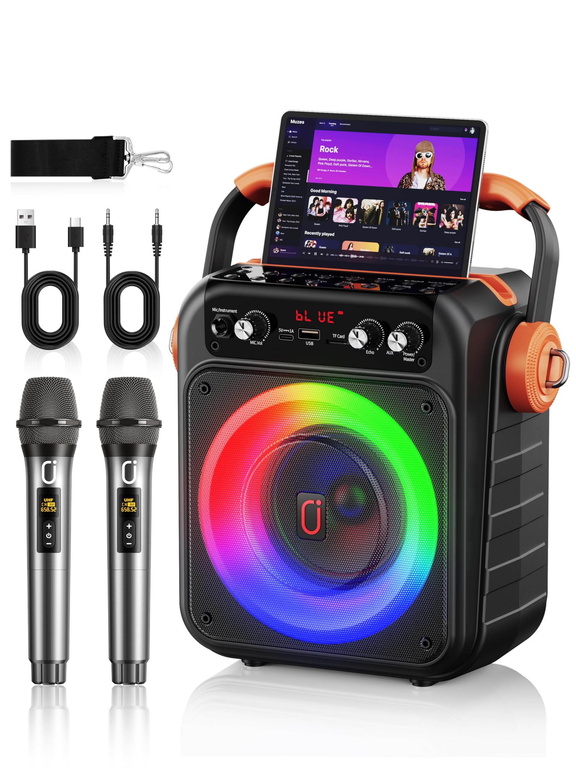 Photo 1 of **FACTORY SEALED** Karaoke Machine with 2 Wireless Microphones: HWWR Portable Karaoke Bluetooth 5.3 Light Speaker, PA System Home Party with Subwoofer, Disco Lights, Supports TV/REC/FM/AUX/USB/TF for Gifts Adult Kids