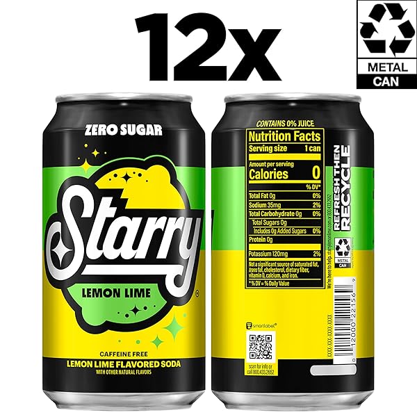 STARRY ZERO SUGAR LEMON LIME SODA, 12 FL OZ CANS (PACK OF 12)