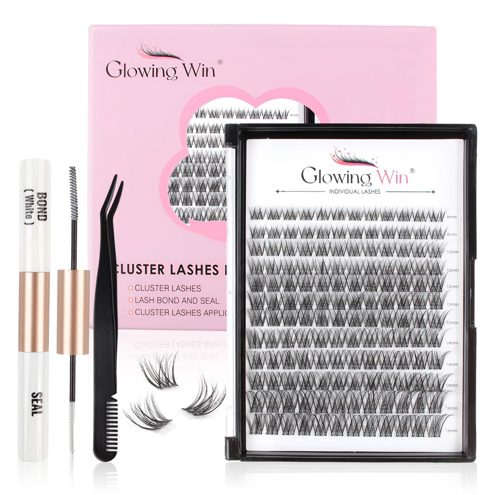 Glowing Win Individual Lashes DIY Lash Extensions Kit with Lash Bond&Seal and Applicator 144PCS Cluster Lashes Set Transparent Band Reusable False Eyelash Extensions Natural Look 8-16mm C D Curl — image 1