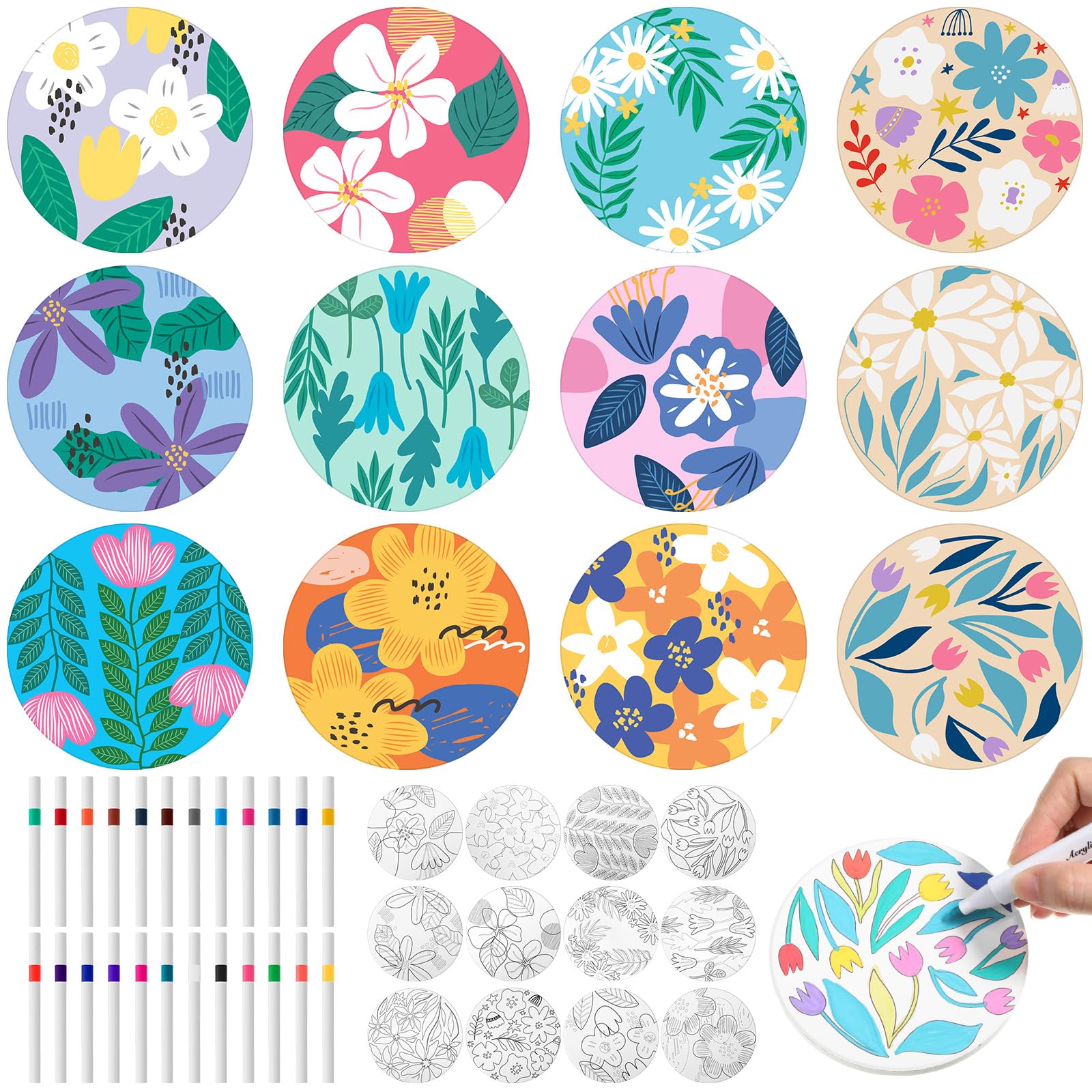 Photo 1 of Potchen 12 Pcs Color Your Own Coaster Ceramic DIY Kits for Adults Absorbent Drink Coasters with Cork Base and 12 Markers for Adult Home Table DIY Art Crafts Gift