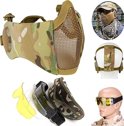 Amazon Com Youmay Tactical Mask Airsoft Goggles Protective Half Face Mesh Masks Face Masks Ear Protection And Goggles Set For Cs Hunting Paintball Shooting Sports Outdoors