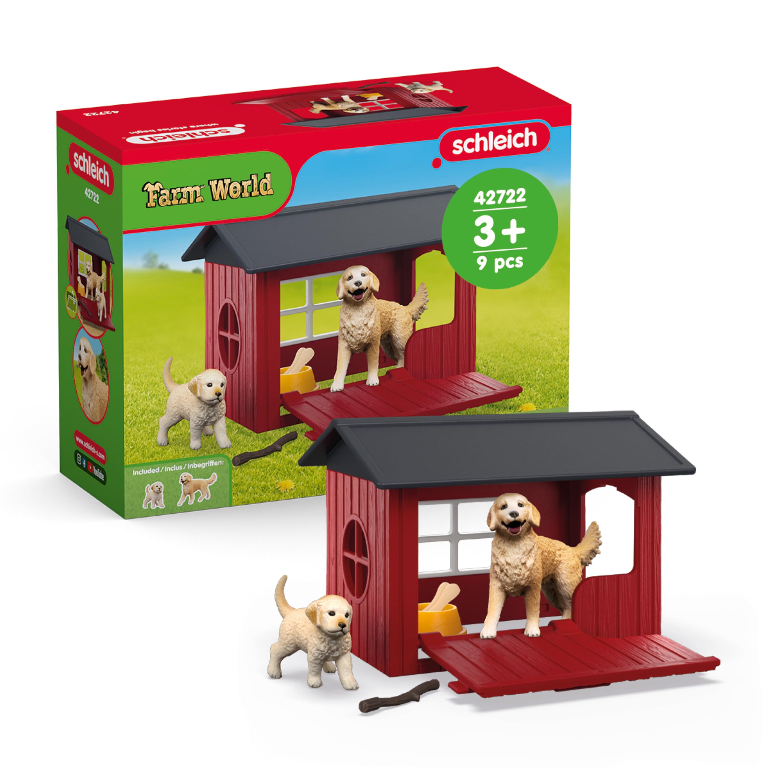 SCHLEICH Farm World - 6pc Toy Dog Kennel Play Set with Golden Retrievers for Kids. Farm Animal Toys for Boys and Girls. Fun Dog House and Puppy Figure for Screen-Free Play for Children Ages 3+ 42722