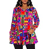 Afibi V Neck Long Sleeve Tunic Tops for Women Loose Fit Dressy for Leggings African Dashiki Shirts
