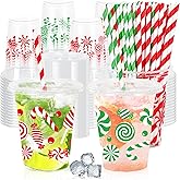 Whaline 100 Pcs 12 Oz Christmas Disposable Cup with Lid Straw Plastic Party Cup Red Green Peppermint Candy Cane Clear Glasses for Coffee Juice Cold Beverage Drink Xmas Holiday Party Supplies