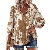Gaharu Women's 3/4 Sleeve Boho Tops Casual V Neck Floral Print Loose Fit Blouses Tunic