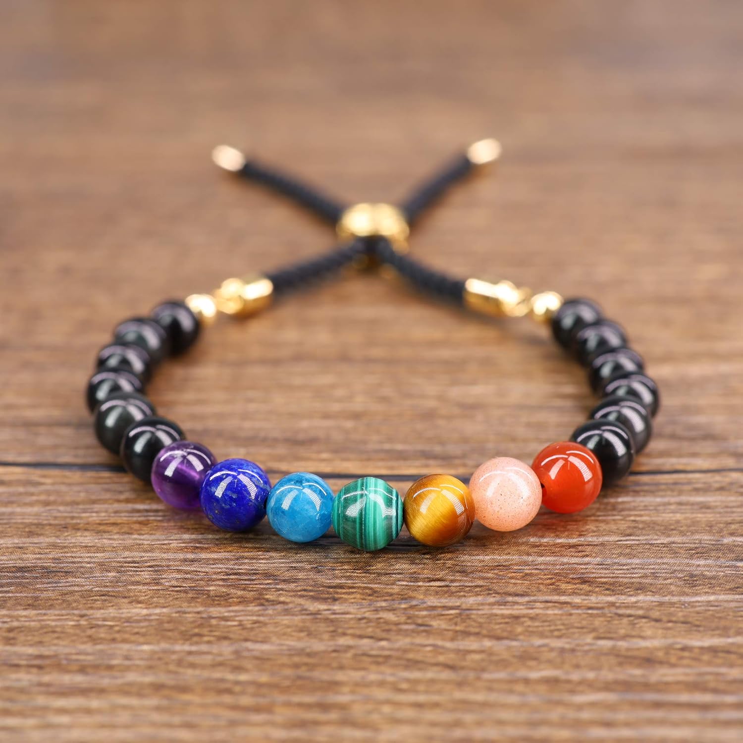 COAI Mala Beads Black Obsidian Stone 7 Chakra Bracelet for Women, 9.5 inches - Image 4