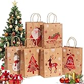 Degytrekoky 24 PCS Christmas Kraft Gift Bags for Present Wrapping, 8"x6"x 3.2" Medium Christmas Gift Wrap Bags with Handle for Xmas Gift Wrapping Holiday Party Favors and Decor Supplies