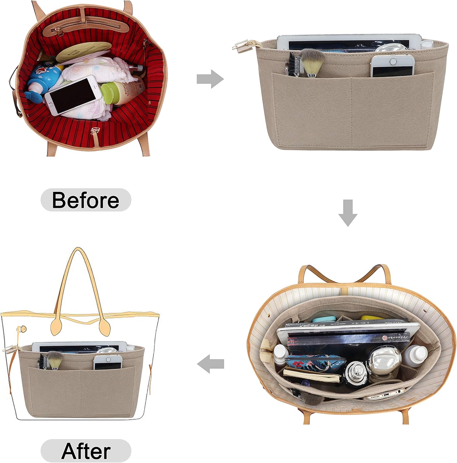 Soyizom Felt Handbag Organiser Purse Organiser Felt Insert Bag Organisers Multi Pockets Tote Bag in Bag for Women,Beige-M - Image 5