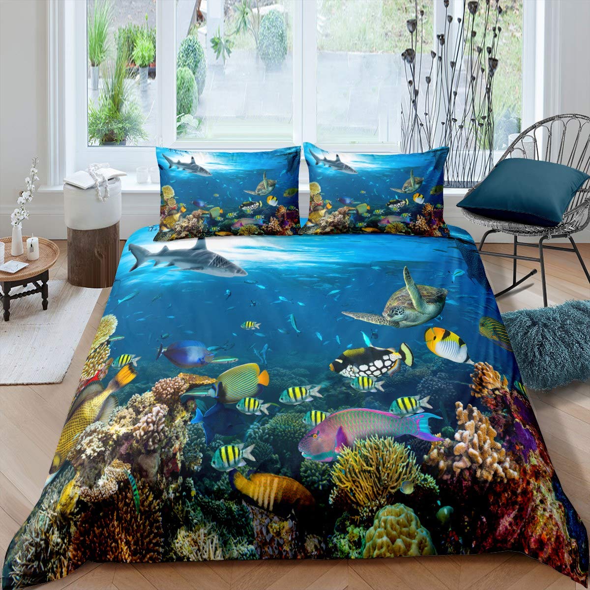 Shark Bedding Set Sea Turtle Comforter Cover for Kids Boys Girls Teens Adult Ocean Marine Themed Duvet Cover Underwater Animal Pattern Bedspread 3Pcs with 2 Pillowcase King Size