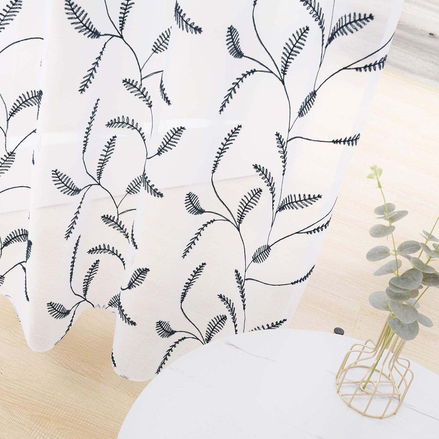 Deconovo Linen Look Sheer Curtains Super Soft Eyelets Net Curtains Plain Embroidered Wheat Ears Floral Voile Curtains for Doors 55 x 71 Inch Navy Blue Two Panels - Image 4