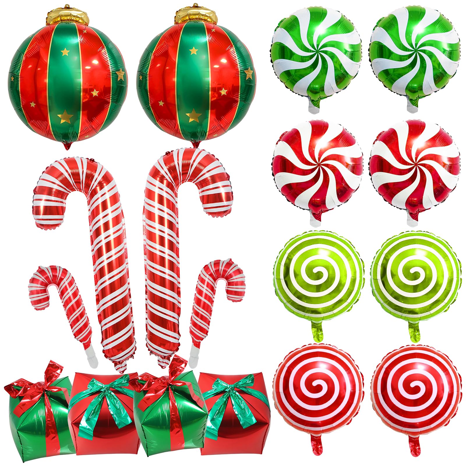 Christmas Candy Cane Lollipop Foil Balloons, 18Pcs Xmas Gift Box Mylar Balloons in Red and Green for New Year Holiday Party
