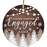 Our First Christmas Engaged Ornament 2025 – Rustic Wood Forest Ceramic Engagement Ornament, Engagement Gifts for Newly Engaged Couples Keepsake, Bride to Be, Fiancée, Xmas Tree Hanging Decoration