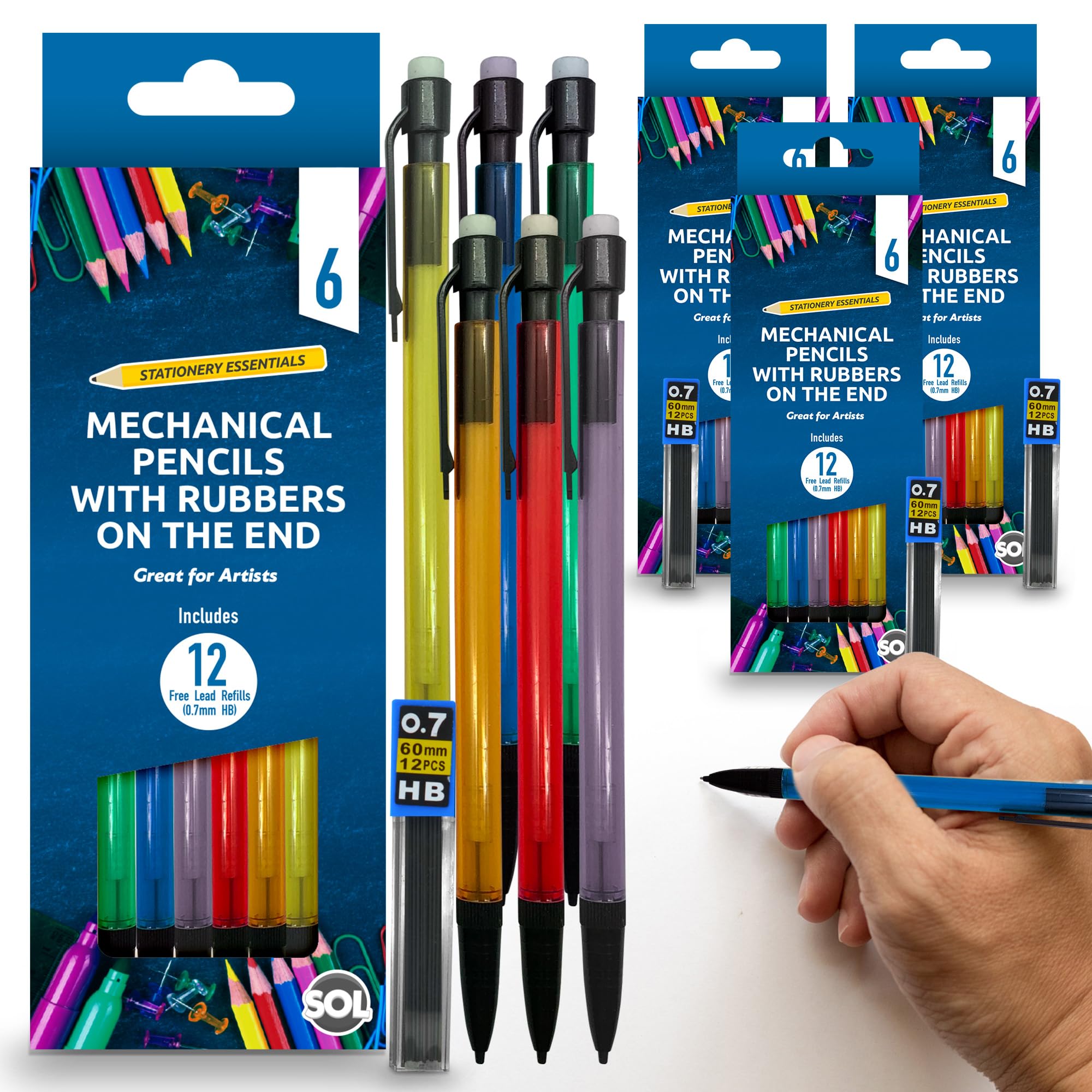 SOL 24pk Mechanical Pencils with Built-In Eraser - 0.7mm HB Lead Propelling Pencils, Includes 24 Refill Leads for Extended Writing, Durable and Comfortable, Ideal for Precise Writing and Drawing