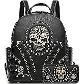 Cowgirl Trendy Sugar Skull Punk Art Rivet Stud Biker Purse Women Fashion Backpack Python Daypack Shoulder Bag Wallet Set (Black Set)