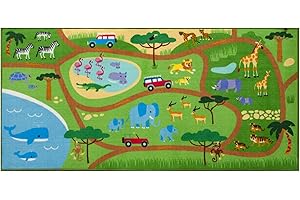 Wildkin Kids Educational Play Rug for Boys and Girls, Features Skid-Proof Backing and Serged Borders, Play Rugs Measures 80 x 39 Inches with Durable Nylon Material, Olive Kids (Safari)