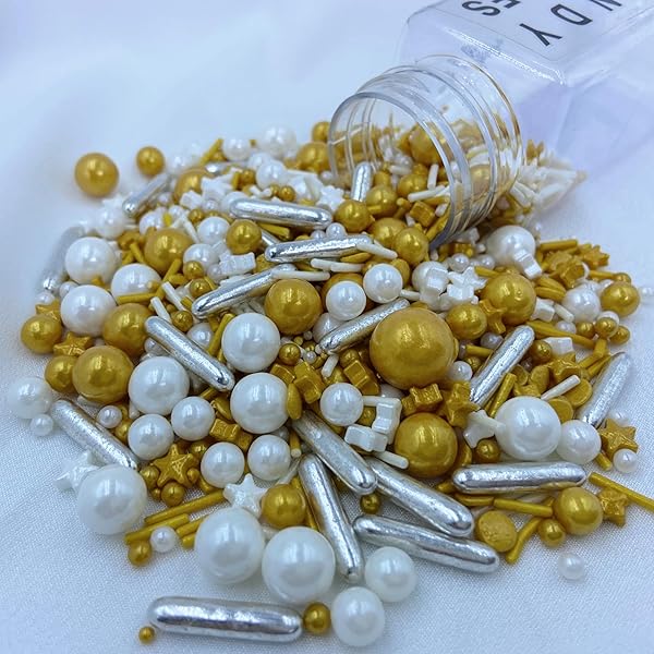WHITE DELUXE GOLD SPRINKLES FOR CAKE DECORATING 4 OUNCE – SUGAR MIX PEARL SPRINKLES FOR CUPCAKE TOPPERS, ICE CREAM, CANDY, COOKIE DECORATIONS – HOLIDAY PARTY SUPPLIES