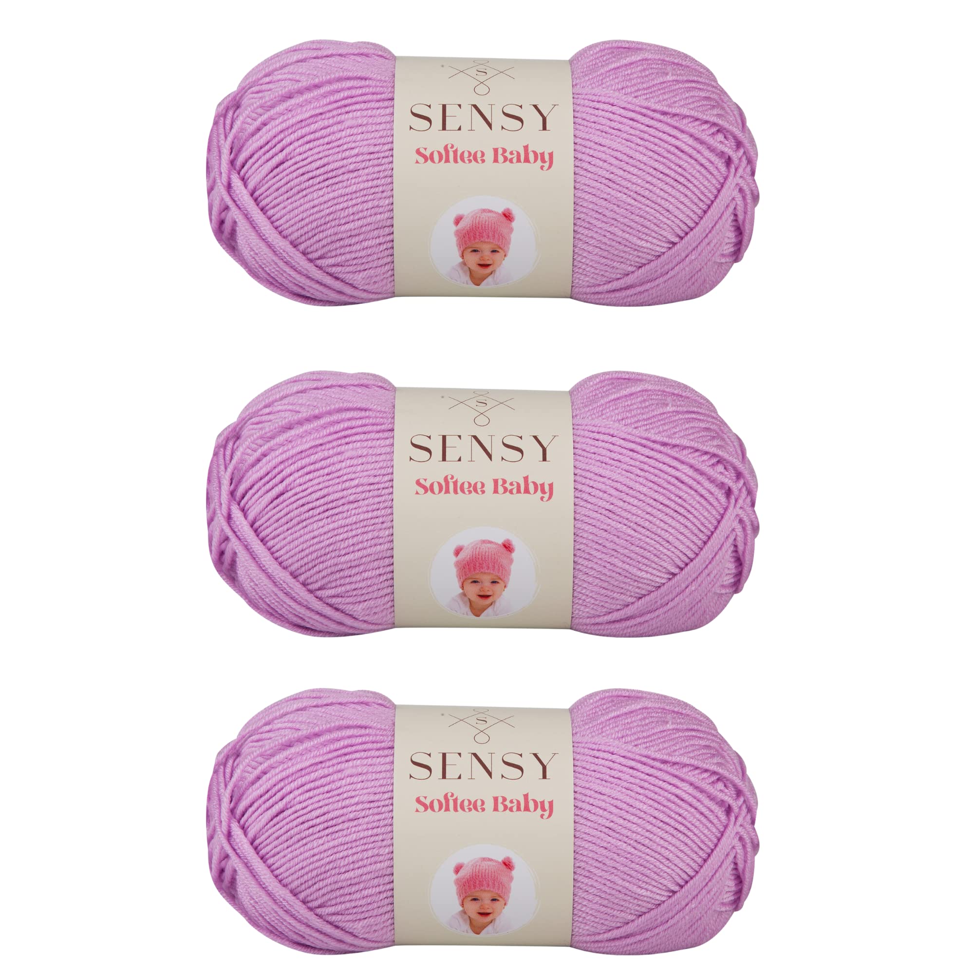 3 Skeins of Sensy Softee Baby Yarn, 3.5 oz, 275 Yards, Gauge 3 Light (Lilac)