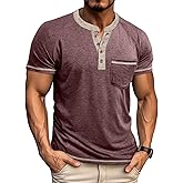 Mens Henley Shirts Short Sleeve Casual Button Basic T-Shirts Summer Classic Vintage Tee Shirts with Pocket