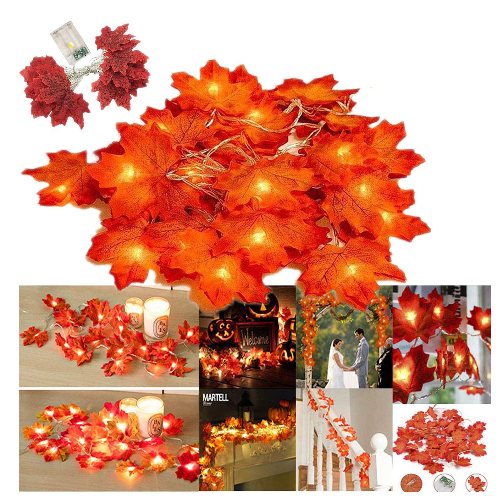 Maple Leaves Lights,bluesees Christmas Decoration,400cm Artificial Autumn Maple Leaves String Wire with 40 LED Lights Fall Garland Battery Operated Decoration for Christmas Halloween.