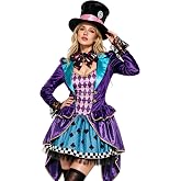 Funna Hatter Costume Women Mad Tea Party Dress Halloween Outfit with Hat