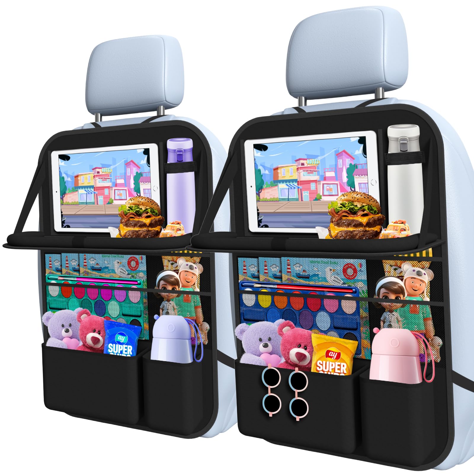 Photo 1 of Oneyus Car Backseat Organizer with table Tray, 9 Storage Pockets Backseat Car Organizer with Tablet Holder, Back seat Organizer for Kids Road Trip Essentials Travel (1Pack)