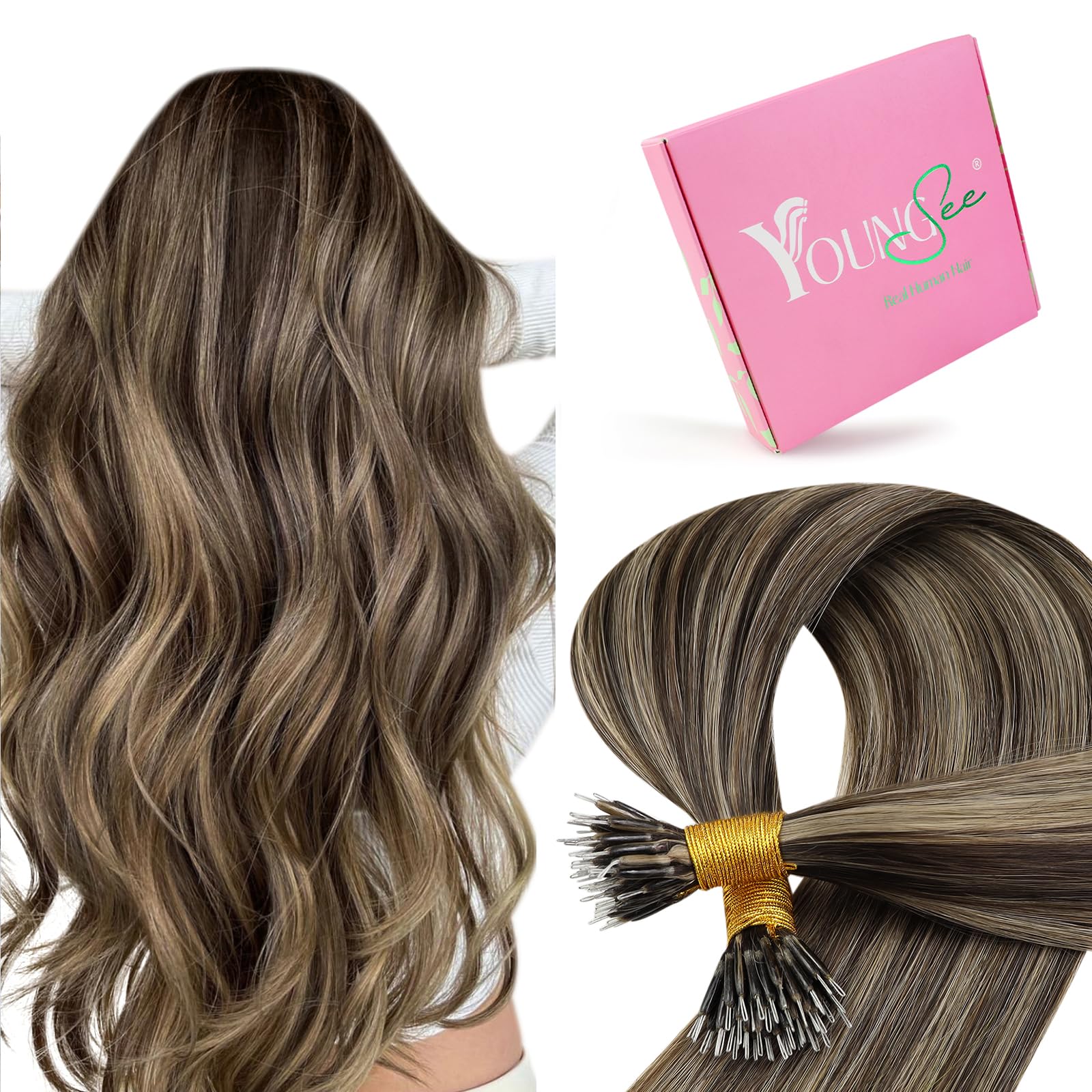 YoungSee Nano Beads Hair Extensions Brown 20inch Real Human Hair Extensions Nano Dark Brown Highlight Caramel Blonde Nanolink Extensions Human Hair for Wedding Cold Fusion 50s 50g — image 1