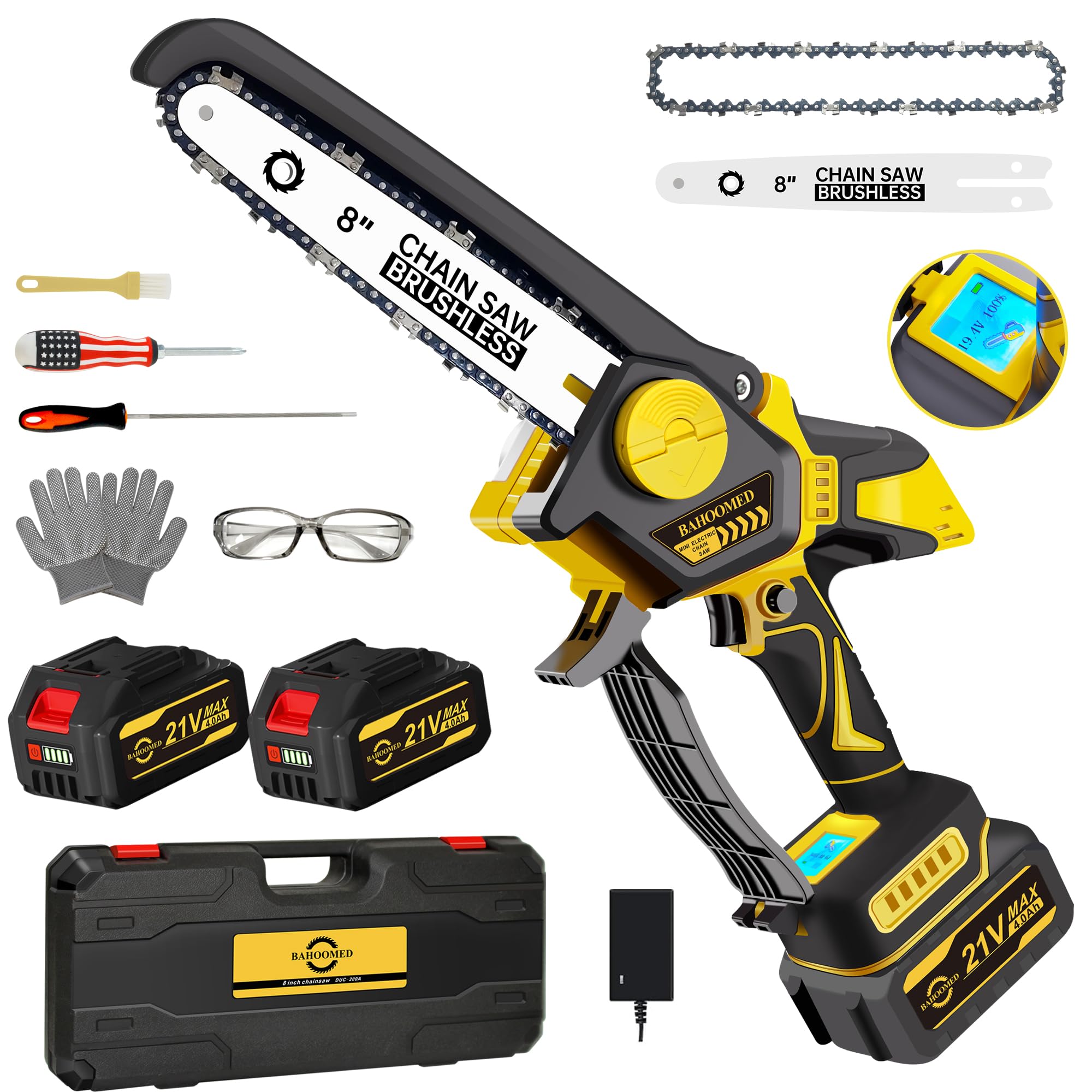 Photo 1 of (see notes) 8" Mini Chainsaw Cordless - Upgraded Handheld Electric Chainsaw with 2 Pack 21V 4Ah Batteries and Charger Included, Chainsaws with Automatic Oiling System and Chain Tension Adjustment Knob