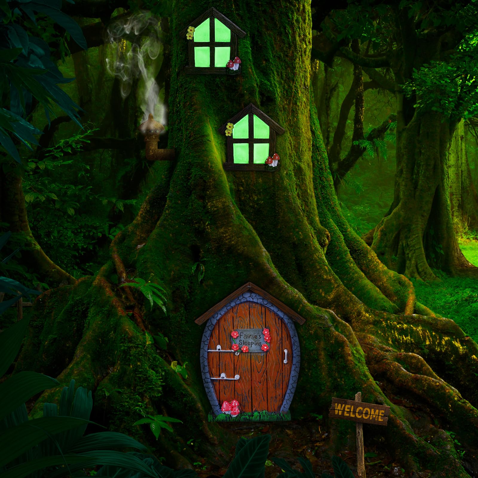 Syhood Fairy Door and Window Miniature Summer Home with Lamp Room Wall and Trees Outdoor Glow in Dark Fairies Sleeping Yard Art Garden Sculpture Patio Lawn Decor Ornament Gift(Stone Style)