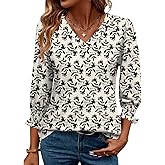 Rapbin 3/4 Length Sleeve Womens Tops Summer Trendy Puff-Sleeve V-Neck Blouses Dressy Casual Textured Smocked T-Shirt