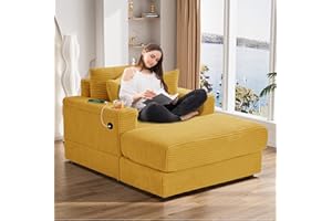 ONEMMLION Oversized Chaise Longue Chair Indoor with Ottoman, 42" W Corduroy Upholstered Modern Deep Seat Sofa Couch with USB Charging Ports⋓ Holder, Comfy Reclining Chair for Living Room, Yellow