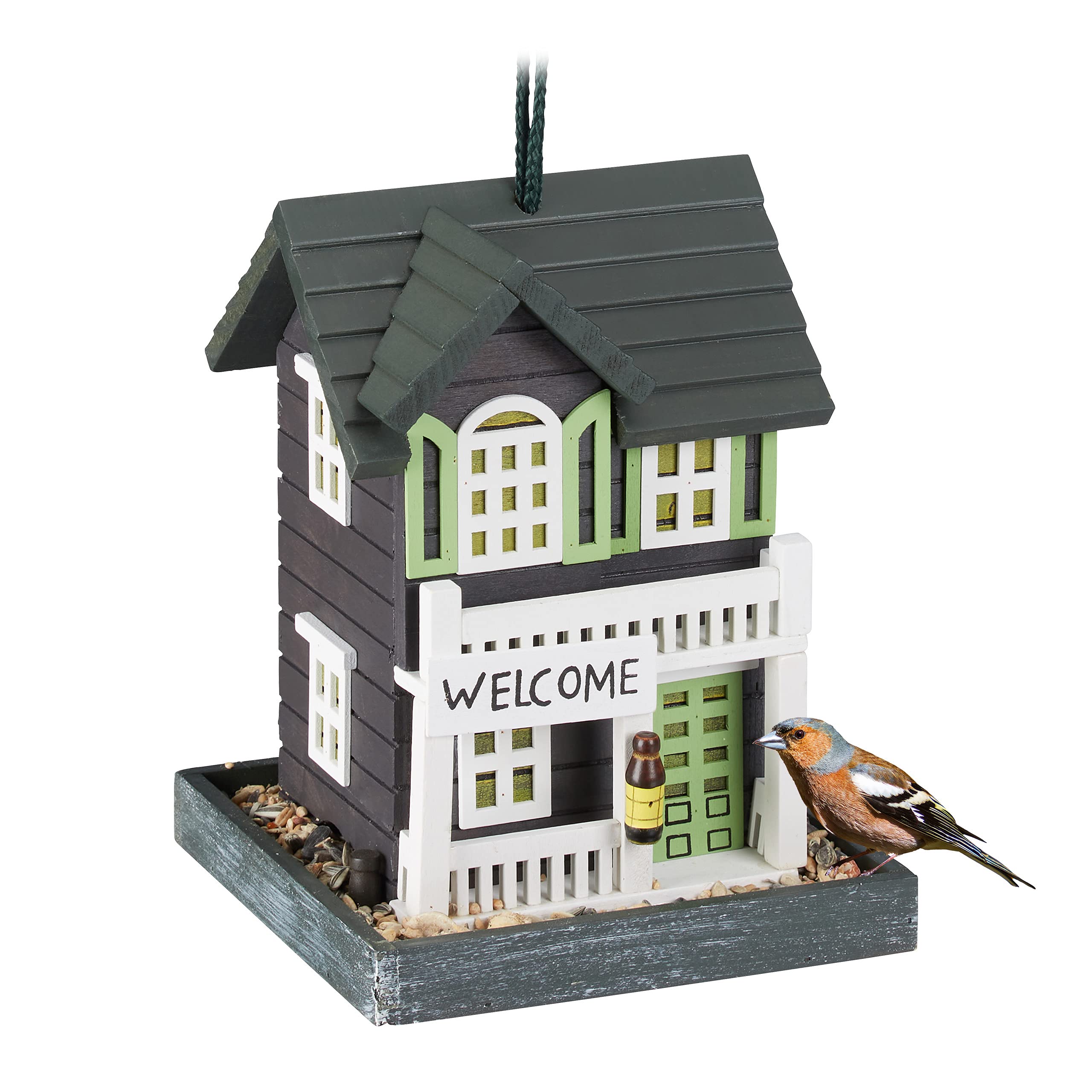 Relaxdays bird house, feeding station for wild birds, hang up, 18x18x23.5cm, bird feeder made of wood, colourful