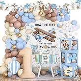 Airplane 1st Birthday Party Decorations for Boys, Time Flies 1st Birthday Party Supplies, Airplane Theme First Backdrop Balloon Garland Arch Banner Crown Cake Topper Boxes for One Year Old Boy