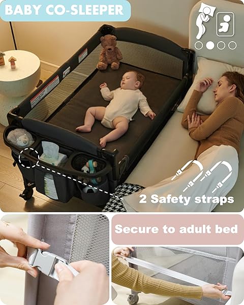 AIRCLUB 4 IN 1 BABY BASSINET BEDSIDE SLEEPER, 4 FUNCTIONS CRIB, PLAYARD, PORTABLE CHANGING TABLE, BASSINET FOR NEWBORN BABY, BEDSAIDE BED W/WHEELS&BRAKES