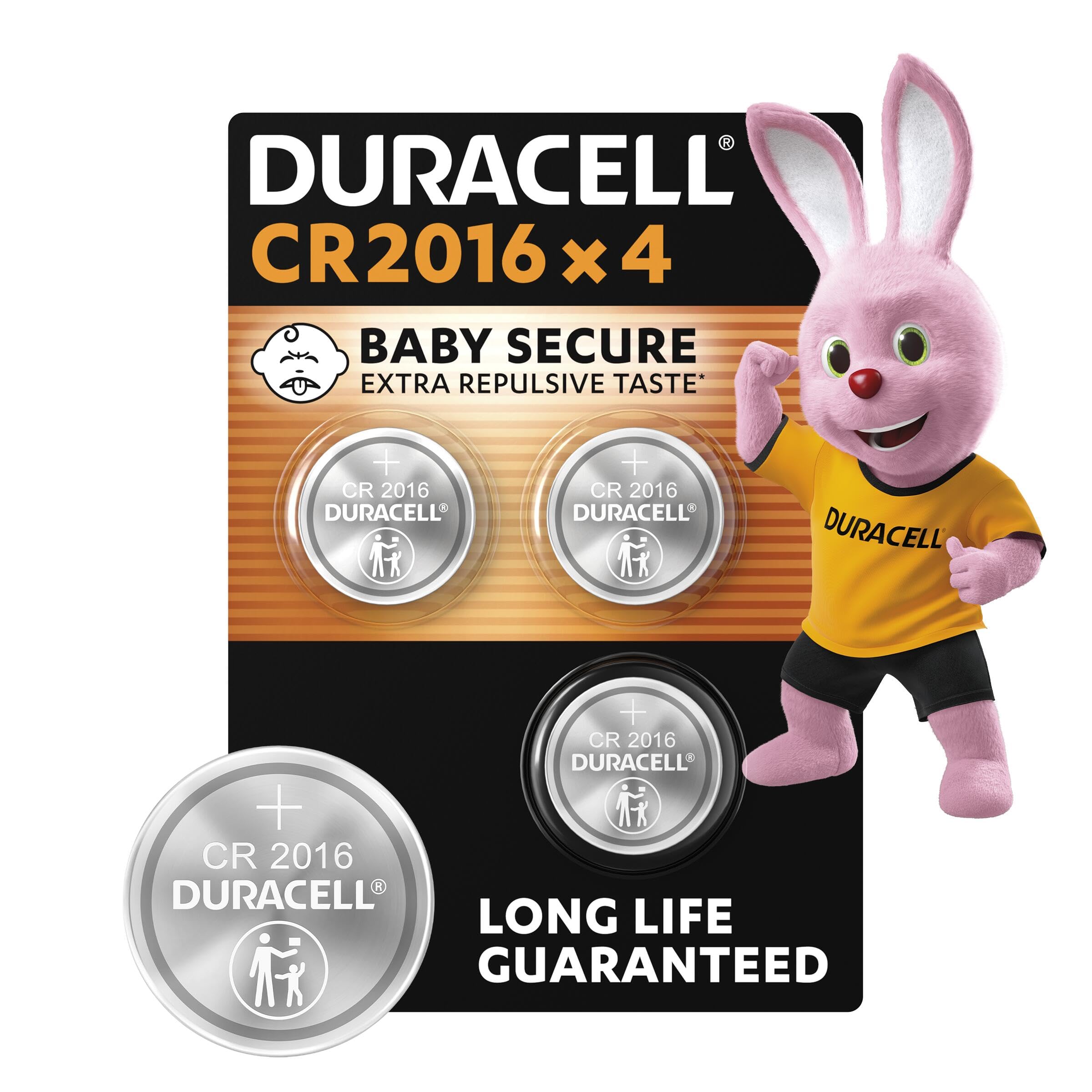 DURACELL 2016 Lithium Coin Batteries 3V (4 Pack) - Long-life Guaranteed - Baby Secure Technology - For Use in Key Fobs, Small Home Remotes, Fitness Watches - Baby Secure Packaging